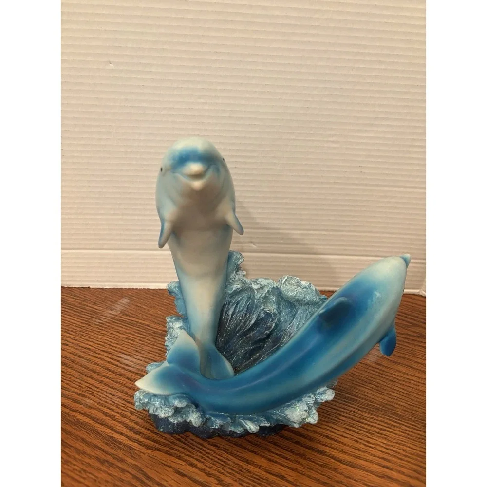 Vintage Resin 2 Dolphins Jumping Waves Water Sculpture 9